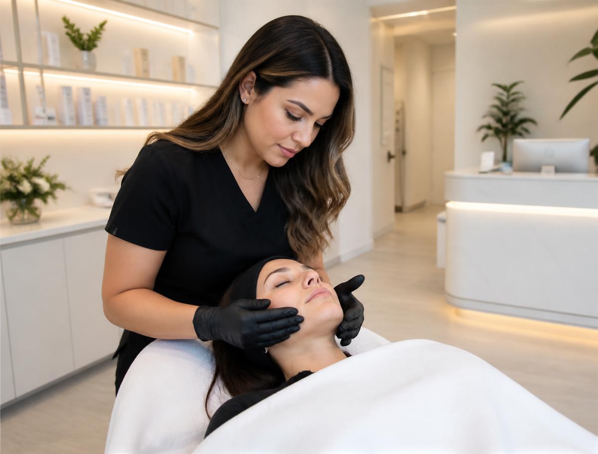 Profesional de un centro de estética atendiendo cuidadosamente a una clienta