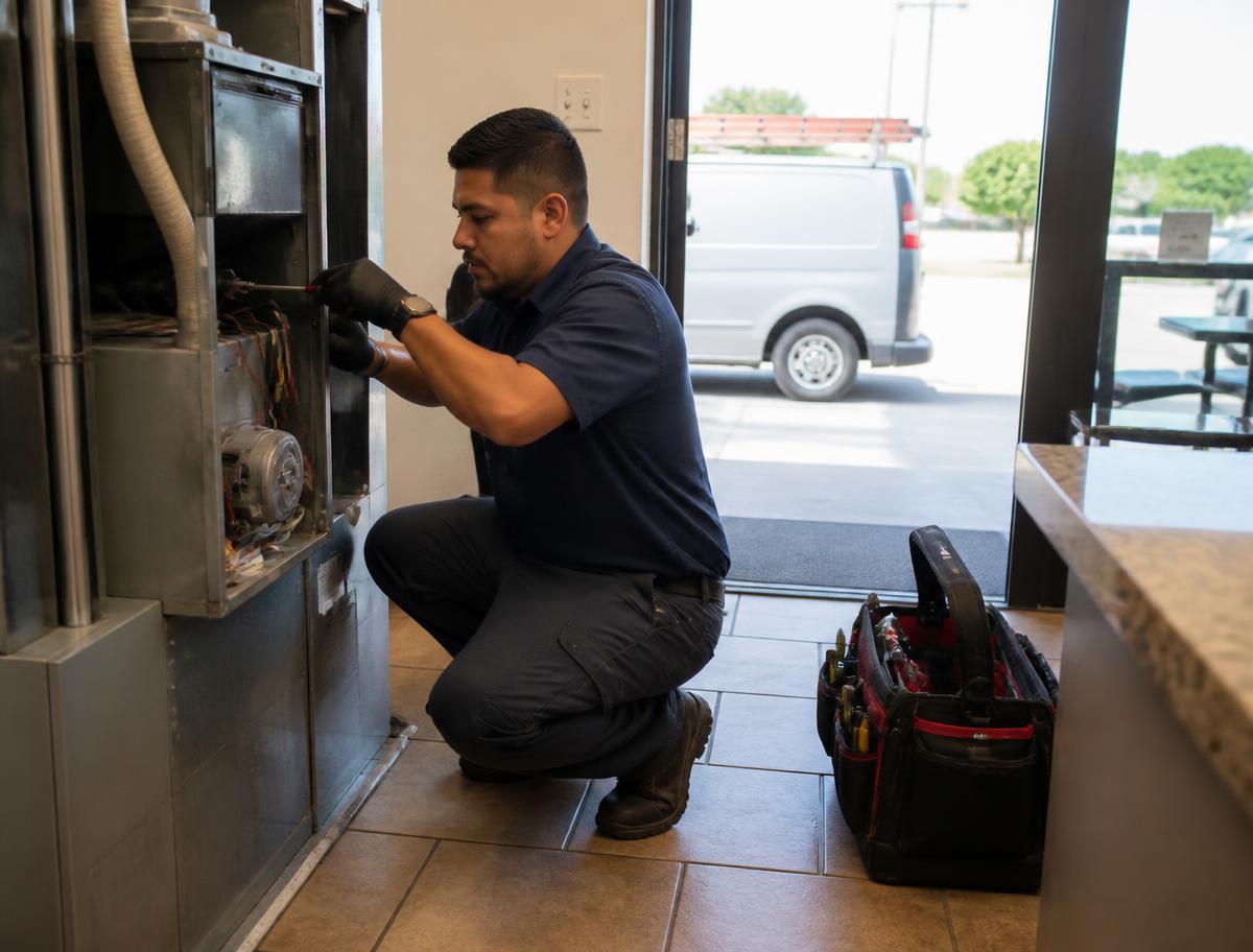 Técnico de calefacción y aire acondicionado trabajando con las manos ocupadas durante un servicio